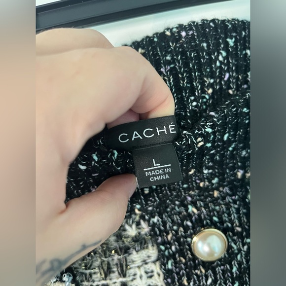 Caché Tweed Glitter Knit Pearl Embellished Faux Pocket Trimming Skirt Sz Large - Picture 11 of 11